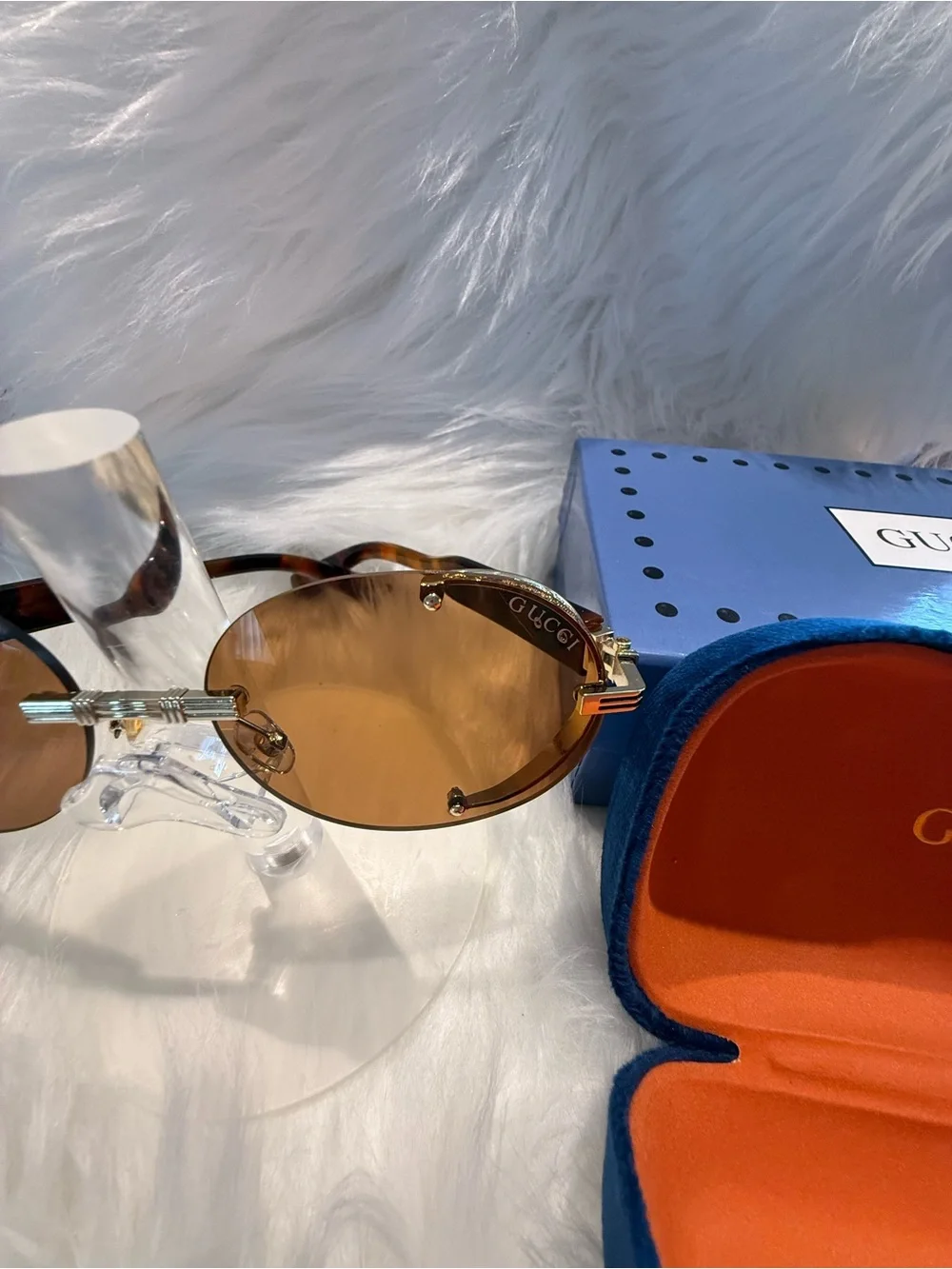 Gucci Rimless Oval Sunglasses with Brown Lenses and Gold Hardware